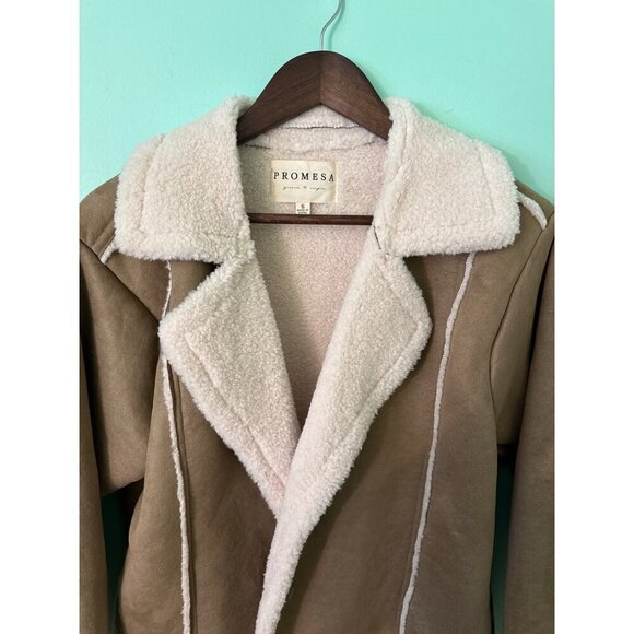 Promesa Womens S Button-Up Faux Suede Jacket With Faux Shearling Trim Tan & Whit - Picture 4 of 8